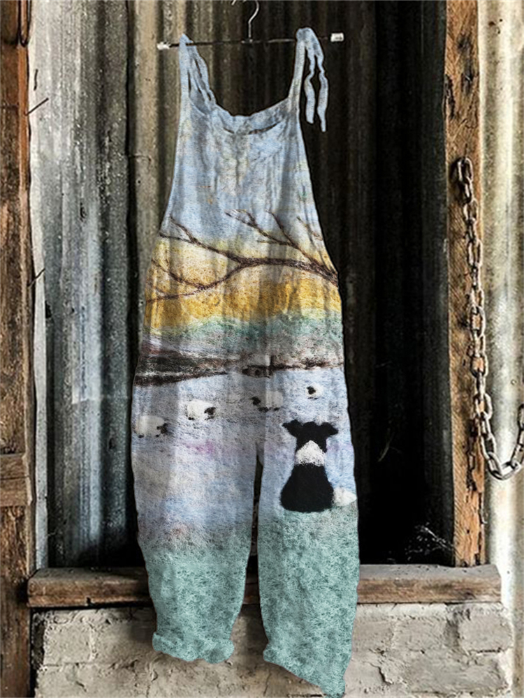 Border Collie & Sheep Landscape Felt Art Jumpsuit