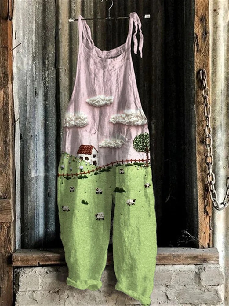 Sheep Farm Landscape Print Casual Jumpsuit