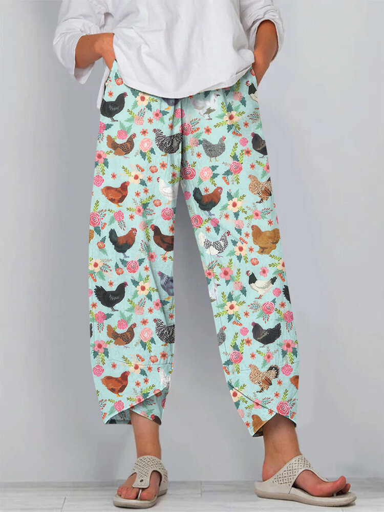 Farm Chicken And Floral Pattern Loose Casual Pants