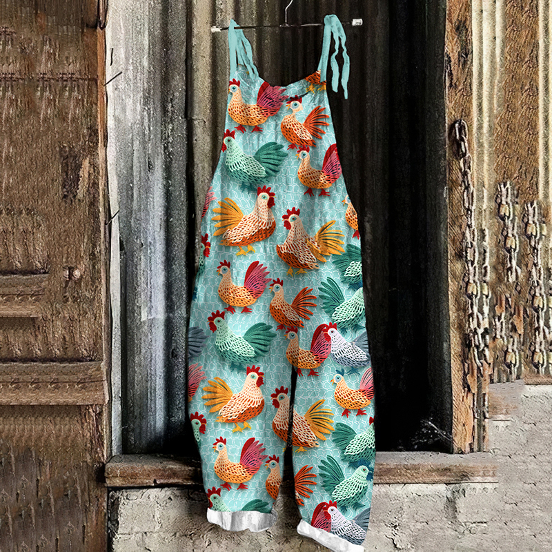 Farm Rooster Art Print Casual Loose Jumpsuit