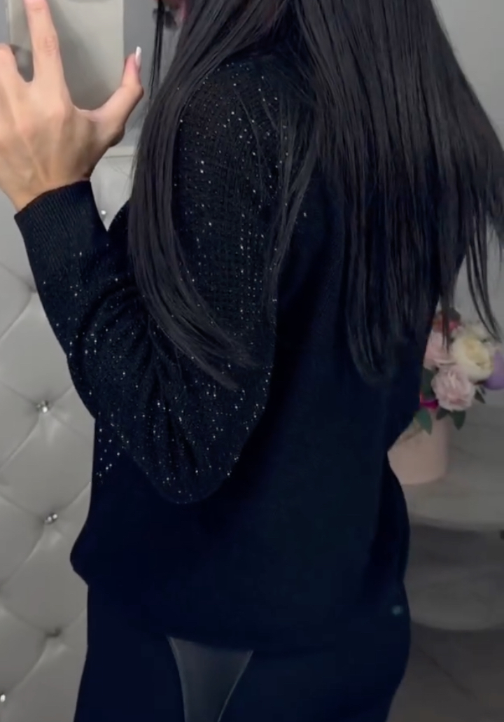 Women's V-neck Casual Top with Hotfix Rhinestones