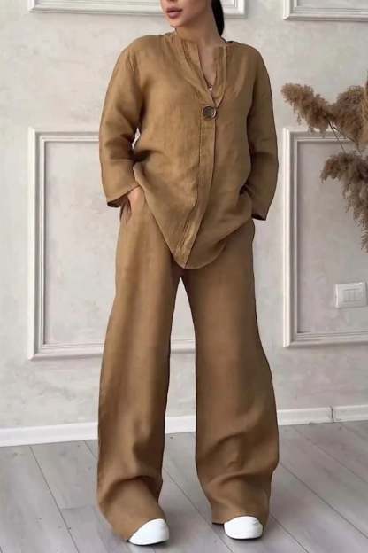 inostorTM-Women Casual button decorated cotton and linen two-piece set