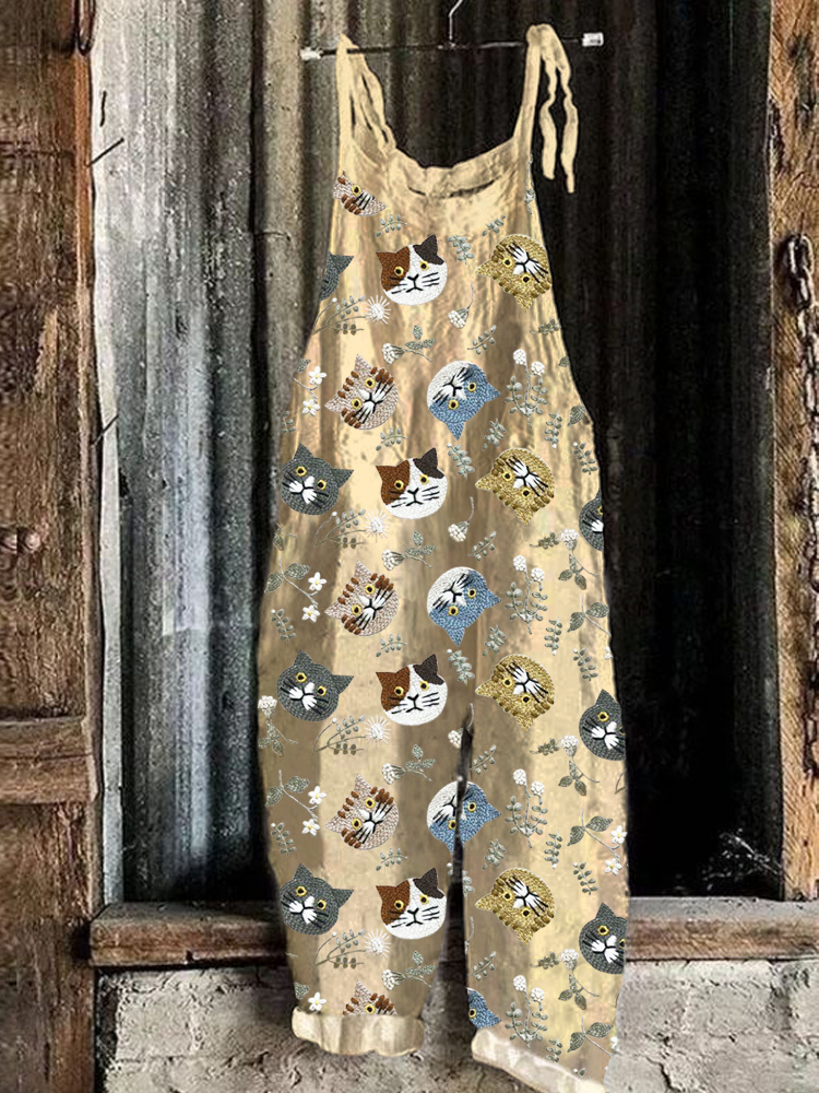 Cat Embroidered Art Linen Blend Casual Jumpsuit