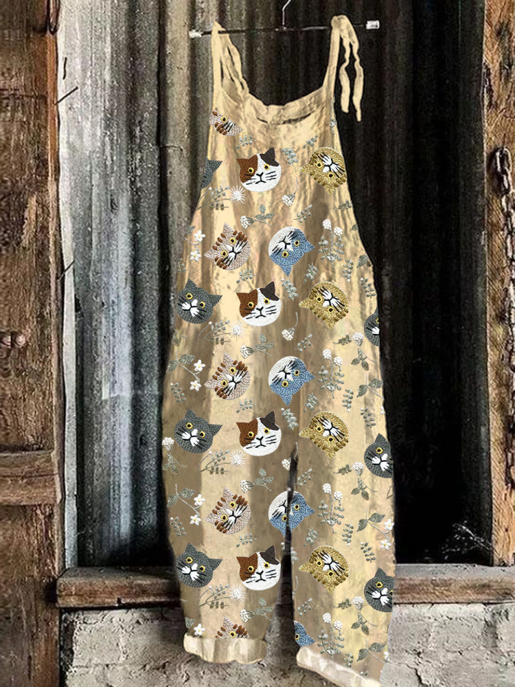 Cat Embroidered Art Linen Blend Casual Jumpsuit