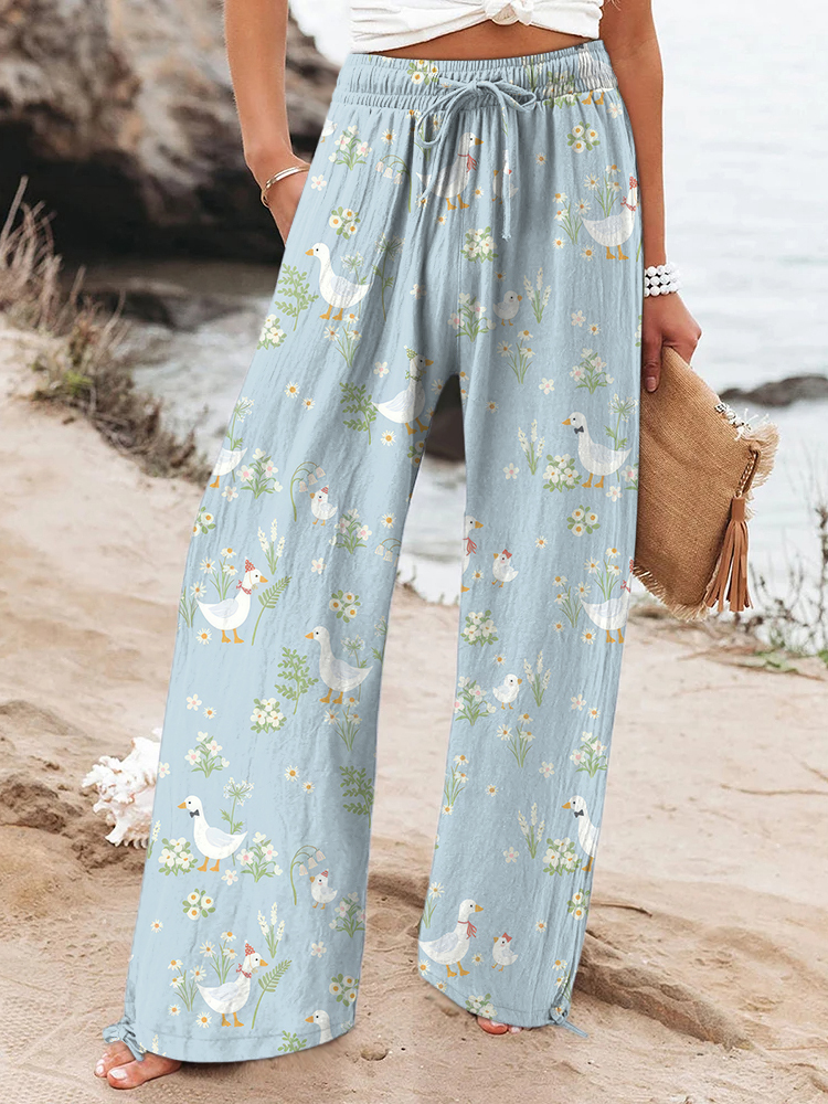 Women's Farm Duck And Floral Pattern Casual Pants
