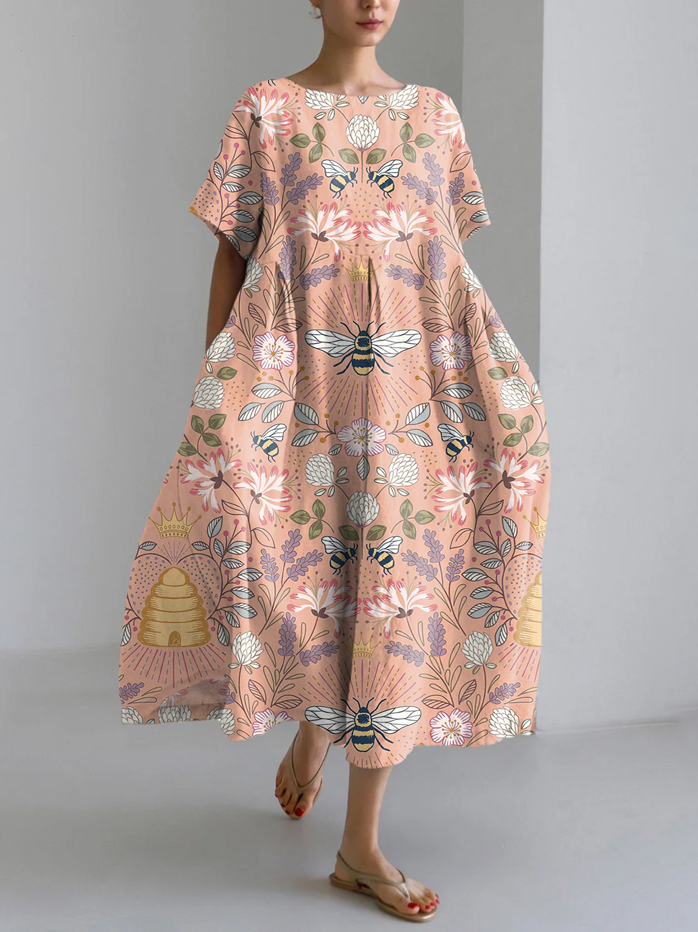 Vintage Bees & Floral Pattern Linen Blend Maxi Dress