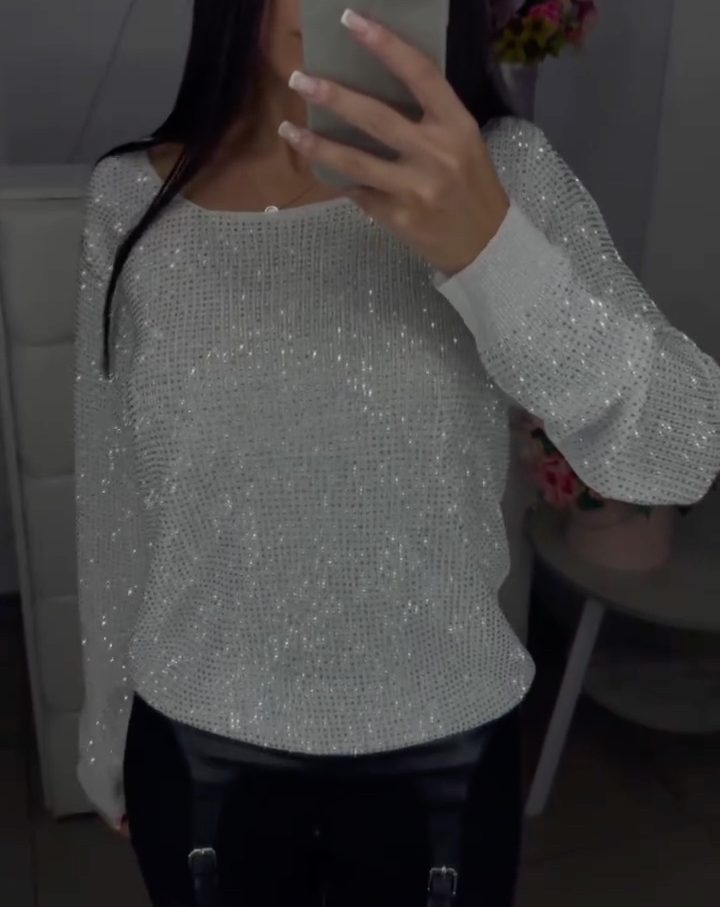 Women's V-neck Casual Top with Hotfix Rhinestones