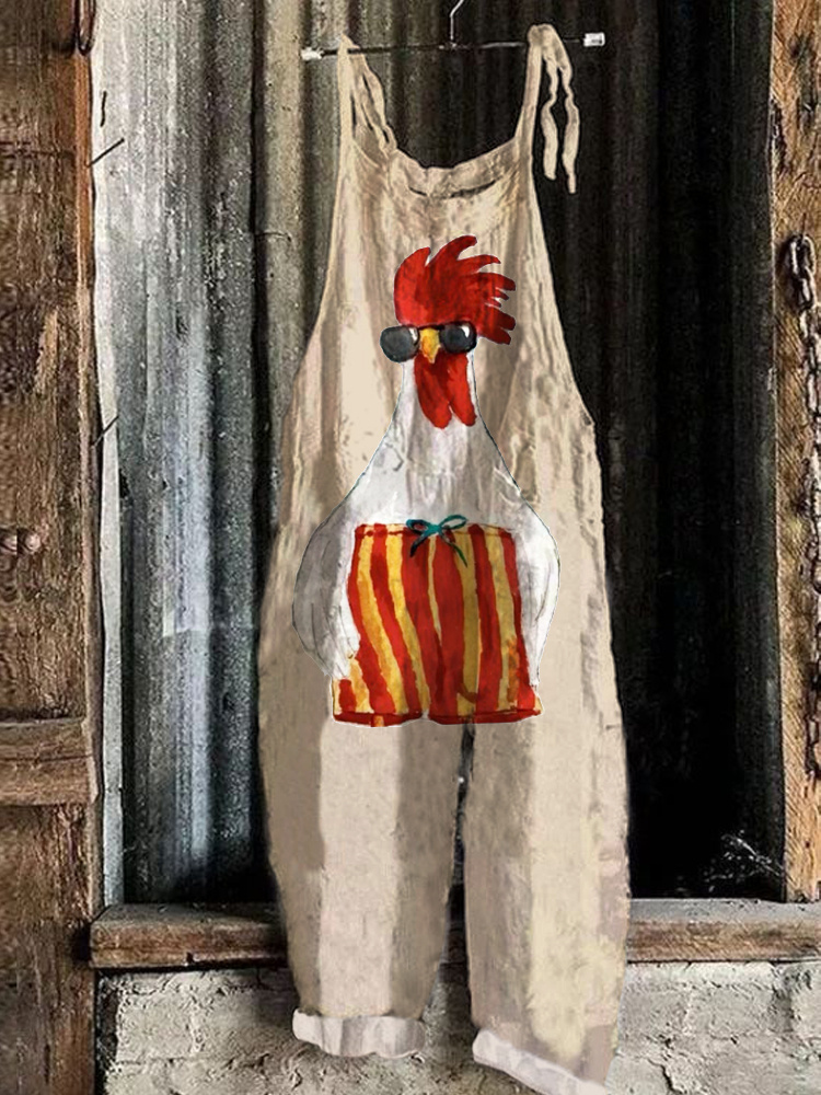Cool Chicken Watercolor Print Linen Blend Jumpsuit