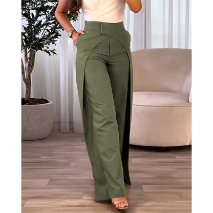 Fashion Women's Casual High Waist Overlap Asymmetric Elegant Solid Color Wide Leg Pants