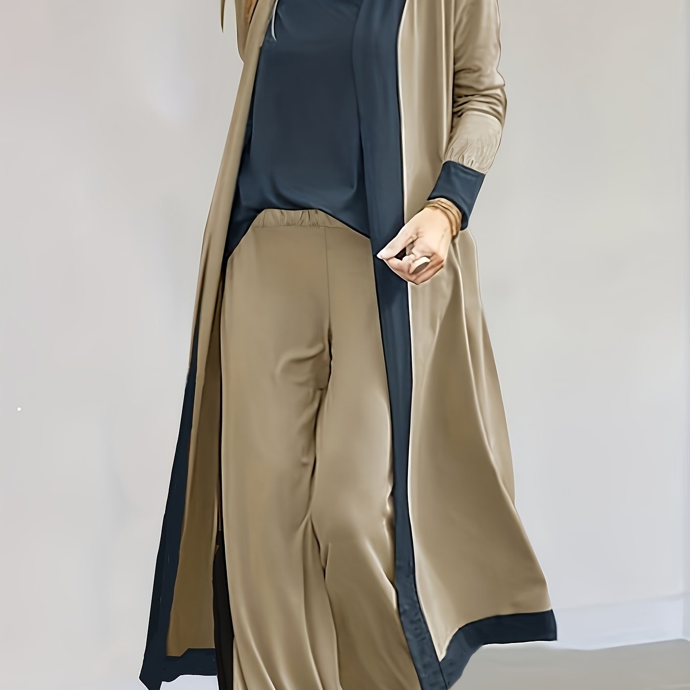 Color Block Casual Three-piece Set, Open Front Long Sleeve Cardigan & V Neck Tops & Wide Leg Pants Outfits, Women's Clothing