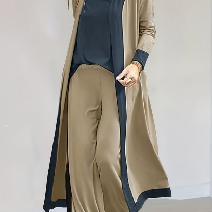 Color Block Casual Three-piece Set, Open Front Long Sleeve Cardigan & V Neck Tops & Wide Leg Pants Outfits, Women's Clothing