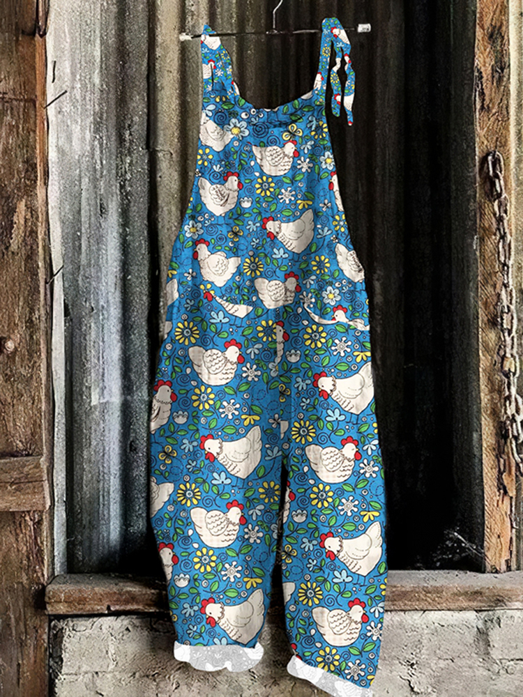 Hen & Blooming Flowers Blue Floral Print Loose Casual Jumpsuit