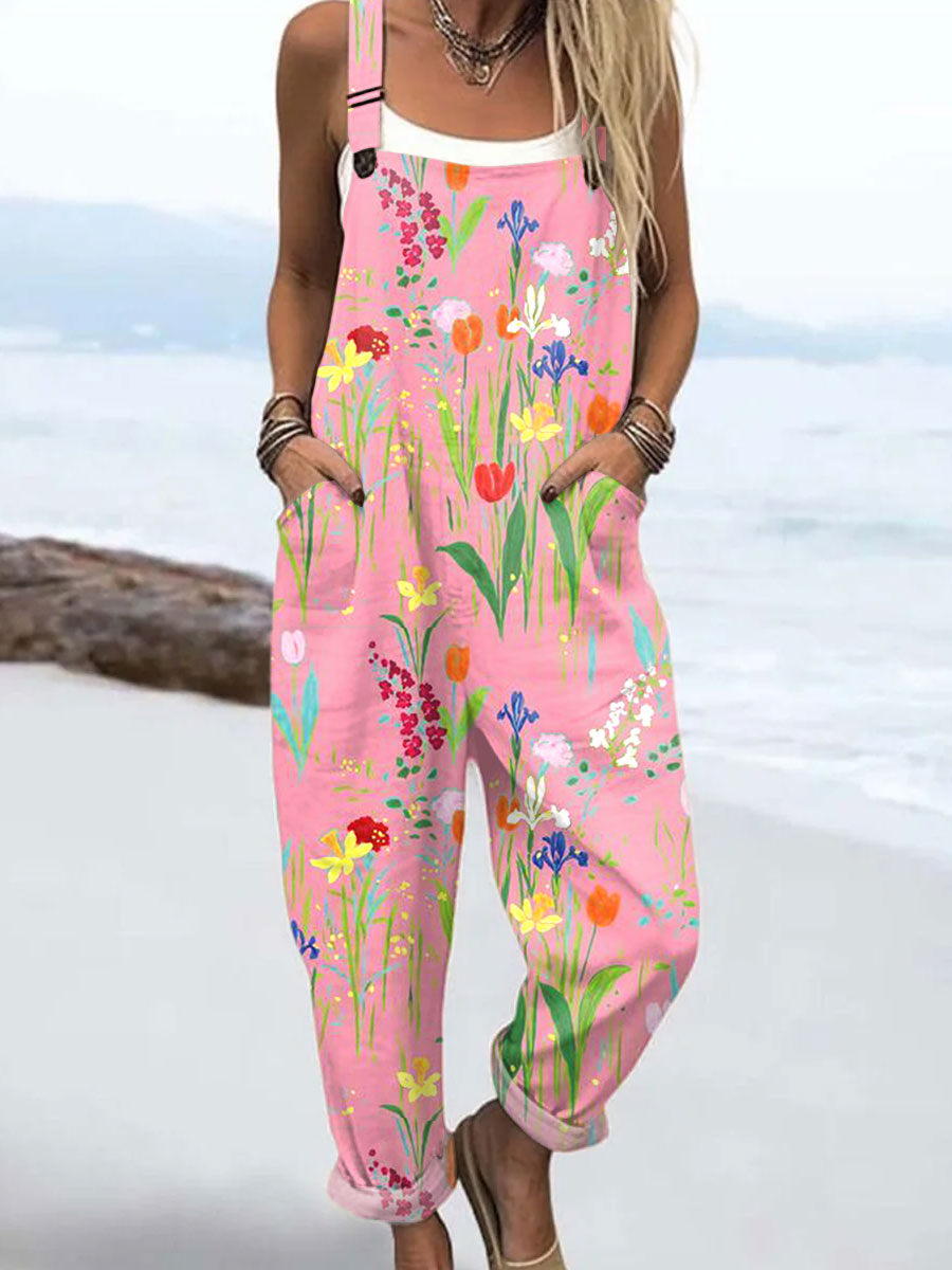 Women's Vintage Art Print Casual Cotton Wide Leg Jumpsuit