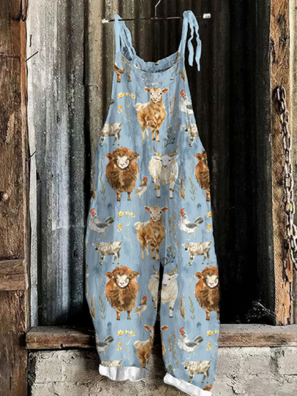 Fun Farm Chickens Graphics Linen Blend Casual Jumpsuit