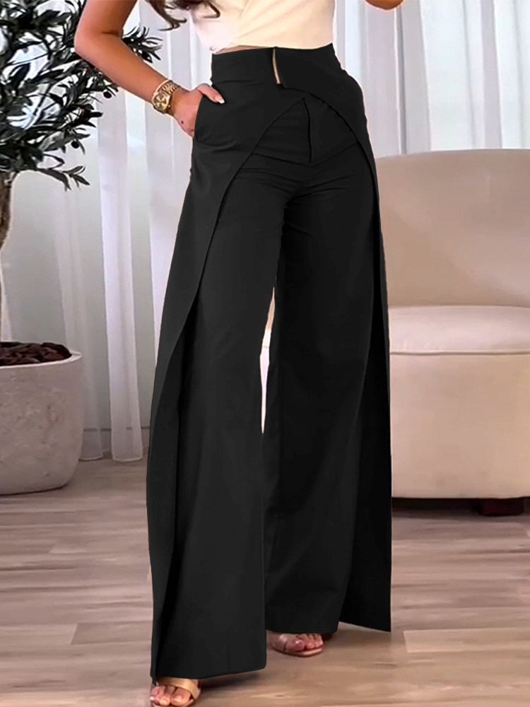 Fashion Women's Casual High Waist Overlap Asymmetric Elegant Solid Color Wide Leg Pants