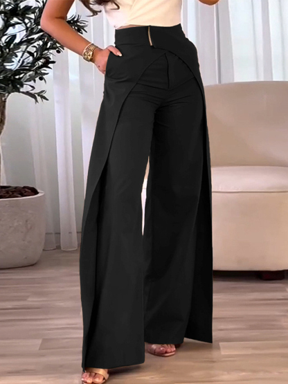 Fashion Women's Casual High Waist Overlap Asymmetric Elegant Solid Color Wide Leg Pants