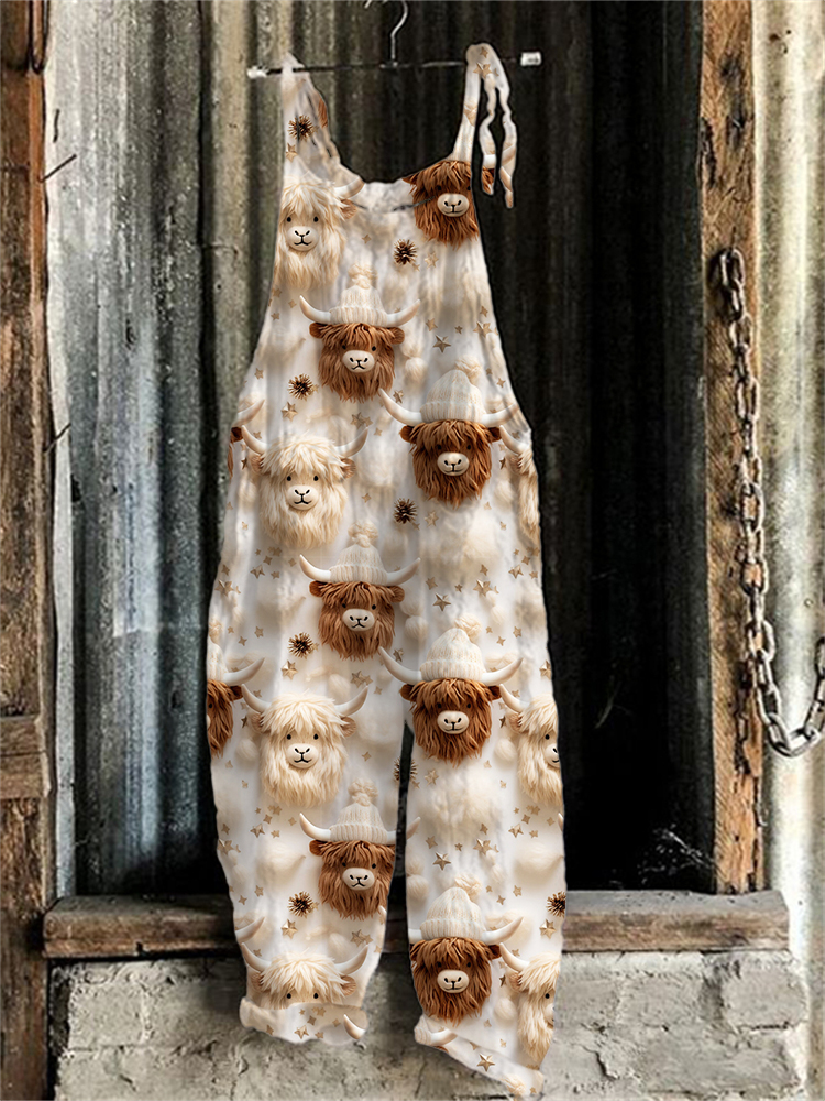 Lovely Highland Cows 3D Pattern Linen Blend Jumpsuit