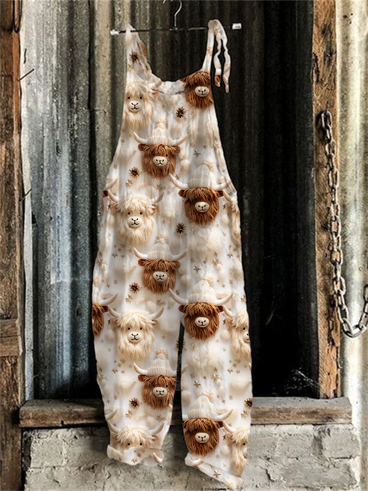 Lovely Highland Cows 3D Pattern Linen Blend Jumpsuit