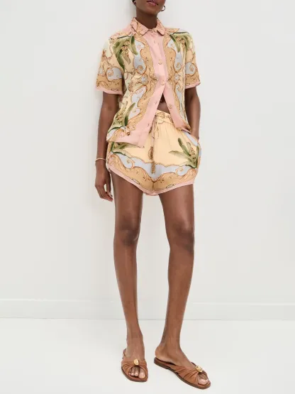 Exquisite Satin Unique Plant Flower Print Loose Wide-Leg Pants