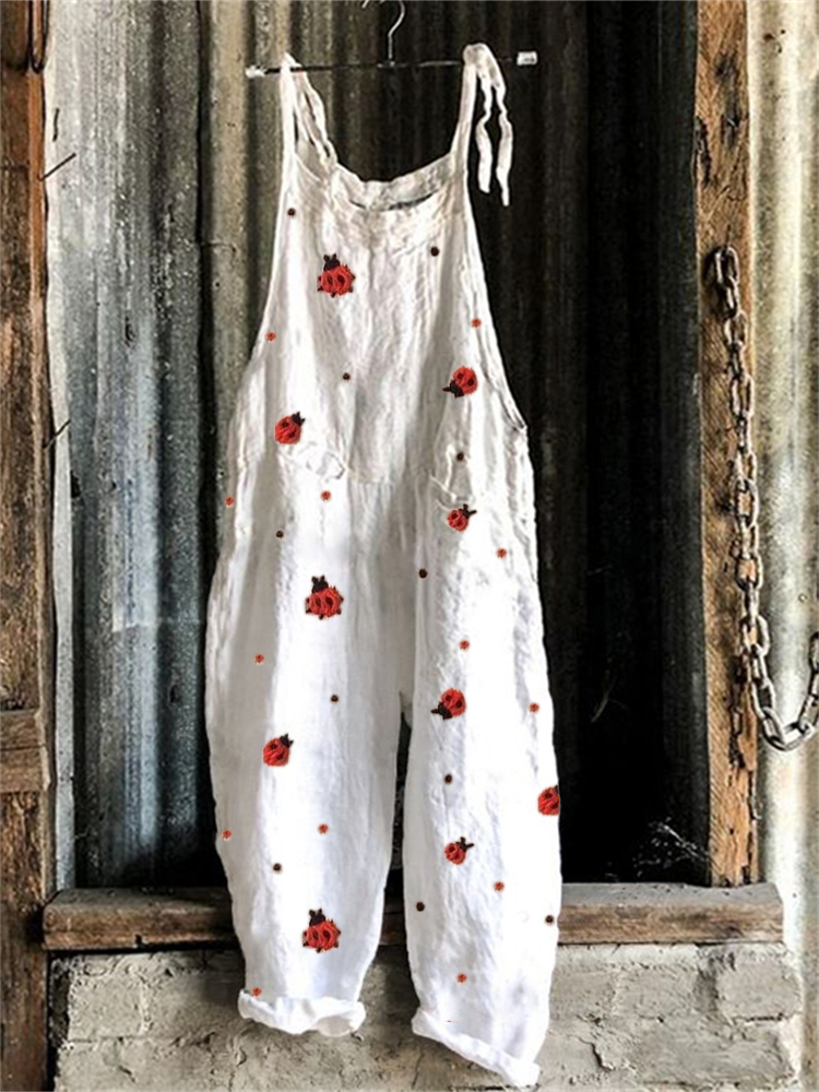 Ladybugs Polka Dots Embroidered Linen Blend Jumpsuit