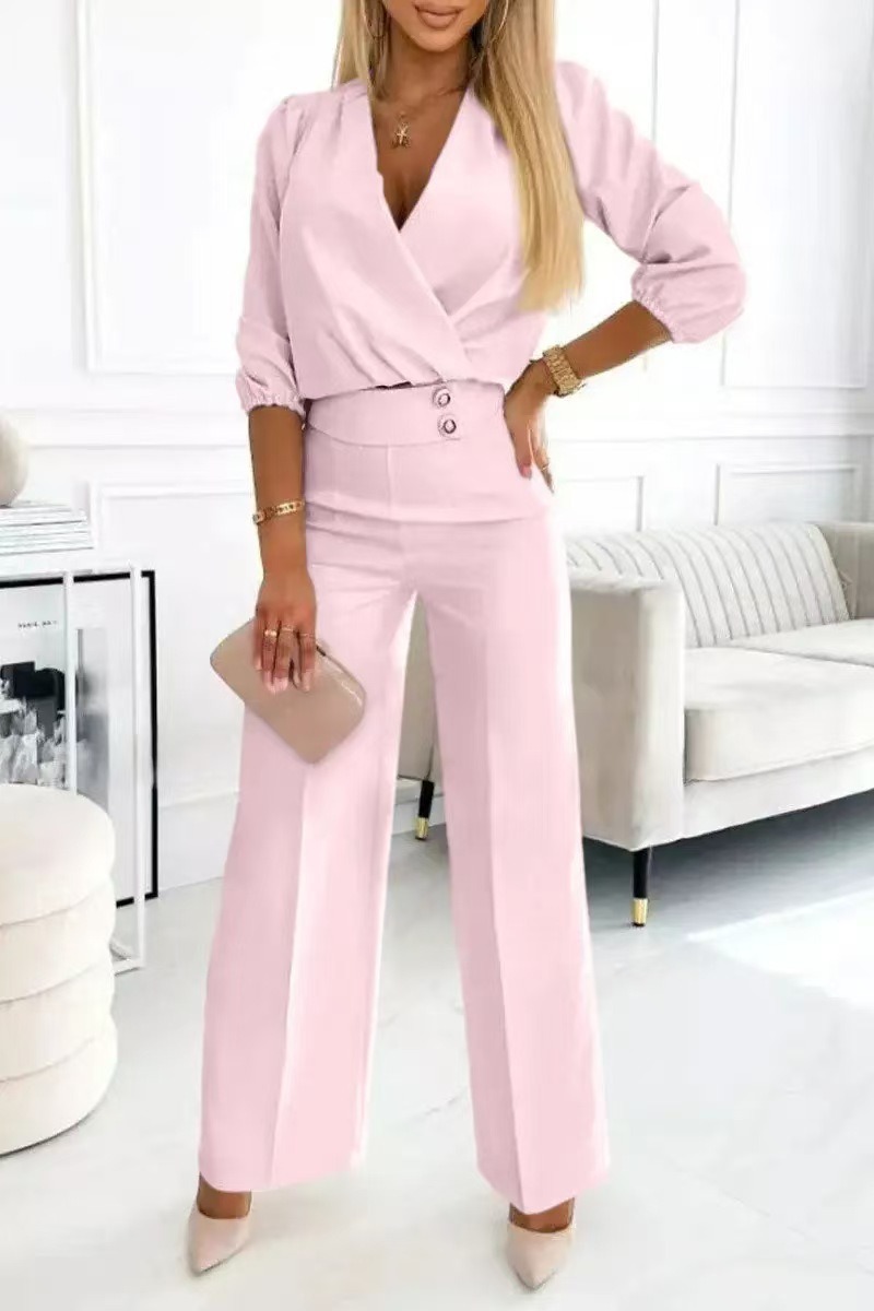 Women's solid color v-neck two-button 2-piece trouser suit