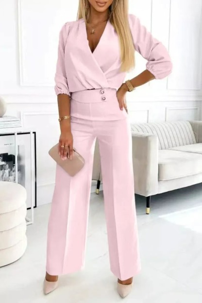 Women's solid color v-neck two-button 2-piece trouser suit