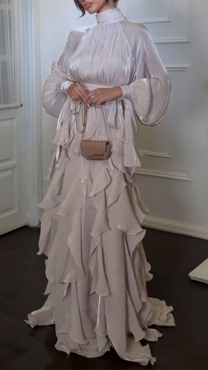 Women's Stand-up Collar Multi-layered Ruffled Flowing Dress