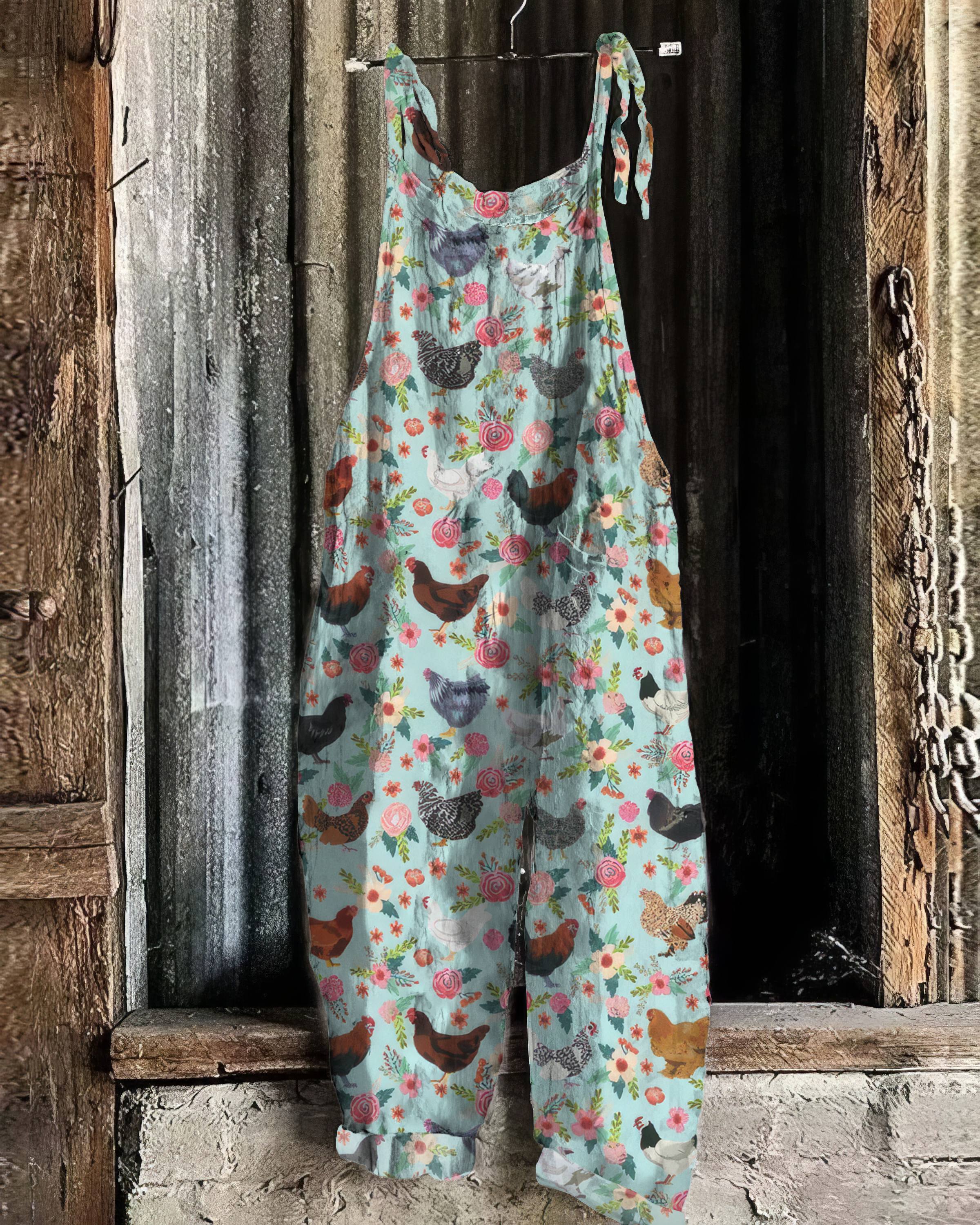 Farm Chicken And Floral Pattern Linen Blend Jumpsuit