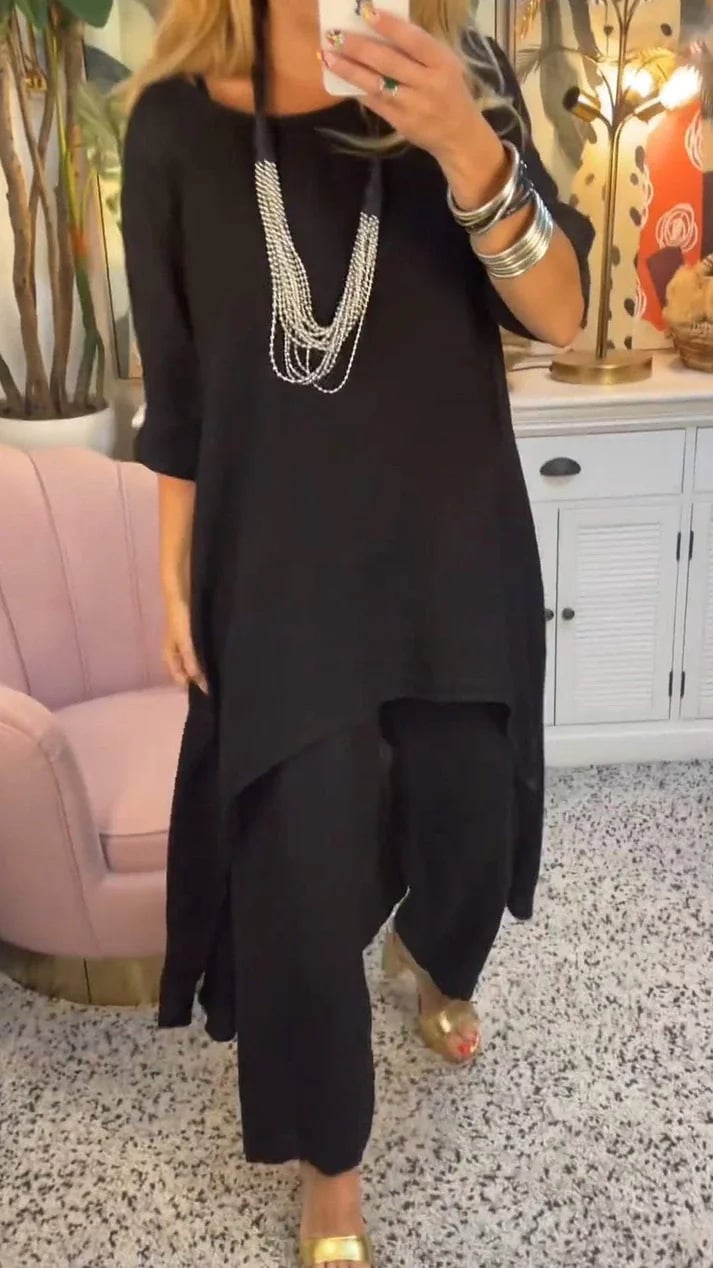 🔥Two-piece suit in cotton and linen, with a round neckline and long sleeves