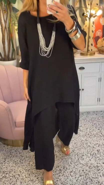 🔥Two-piece suit in cotton and linen, with a round neckline and long sleeves