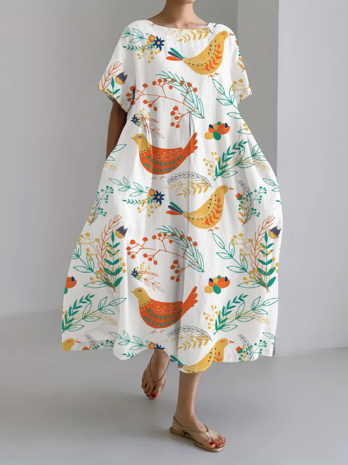 Women Japanese Art Animal Pattern Linen Blend Maxi Dress