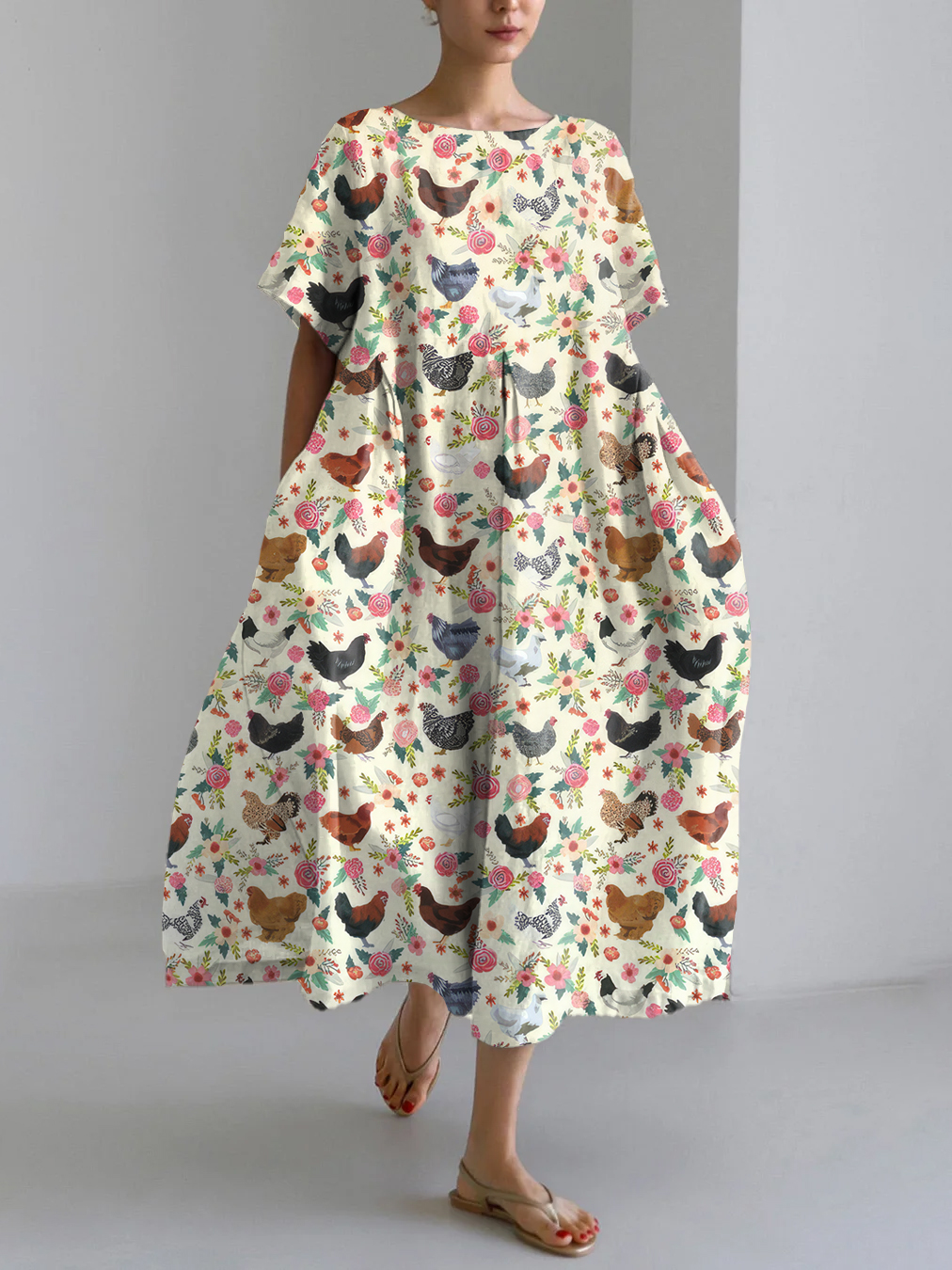 Farm Chicken And Floral Pattern Linen Blend Maxi Dress