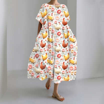 Cozy Chicken Floral Linen Blend Maxi Dress