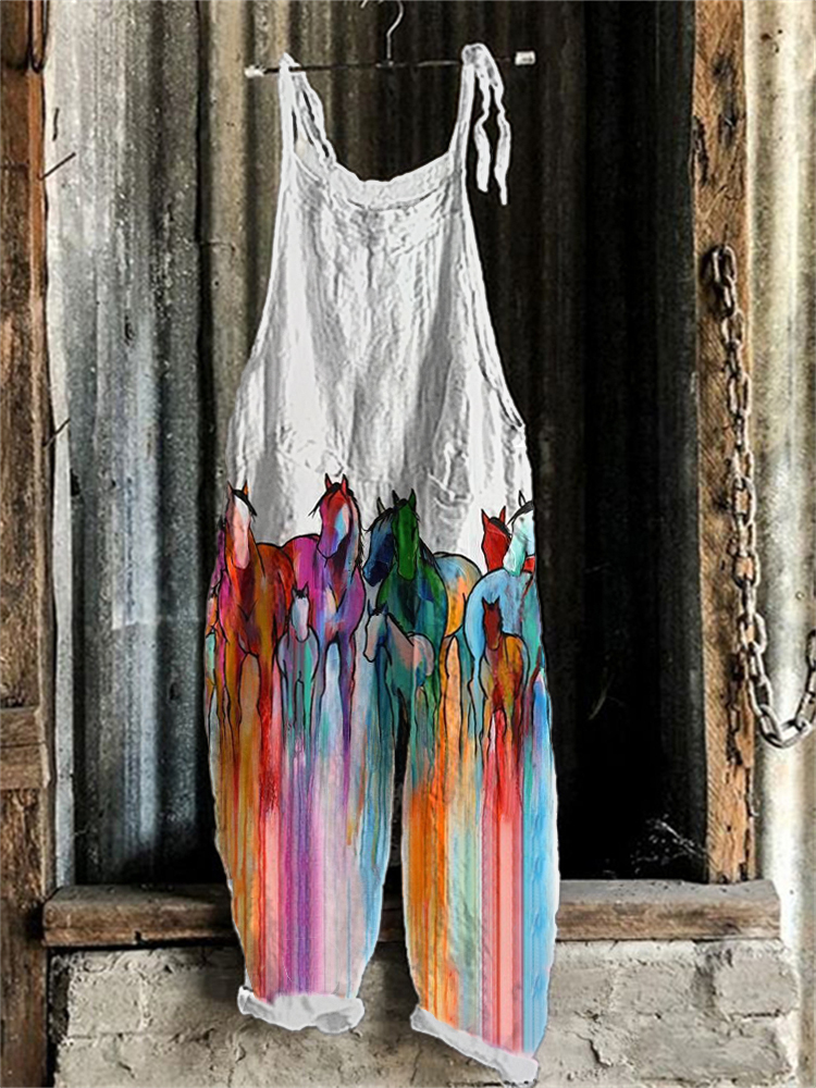 Colorful Horse Print Casual Cozy Linen Jumpsuit