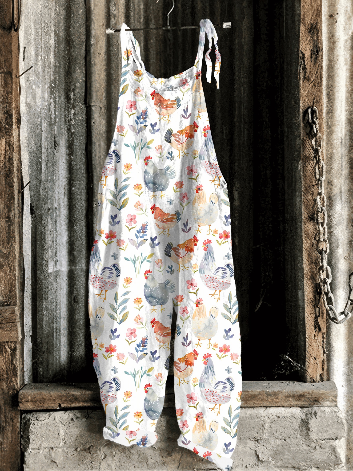 Farm Animal Chicken And Floral Print Casual Jumpsuit