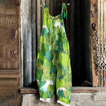 Vintage Abstract Cat Forest Art Linen Blend Loose Casual Jumpsuit