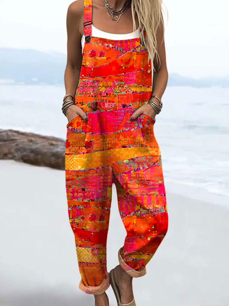 Women's Vintage Art Print Casual Cotton Wide Leg Jumpsuit