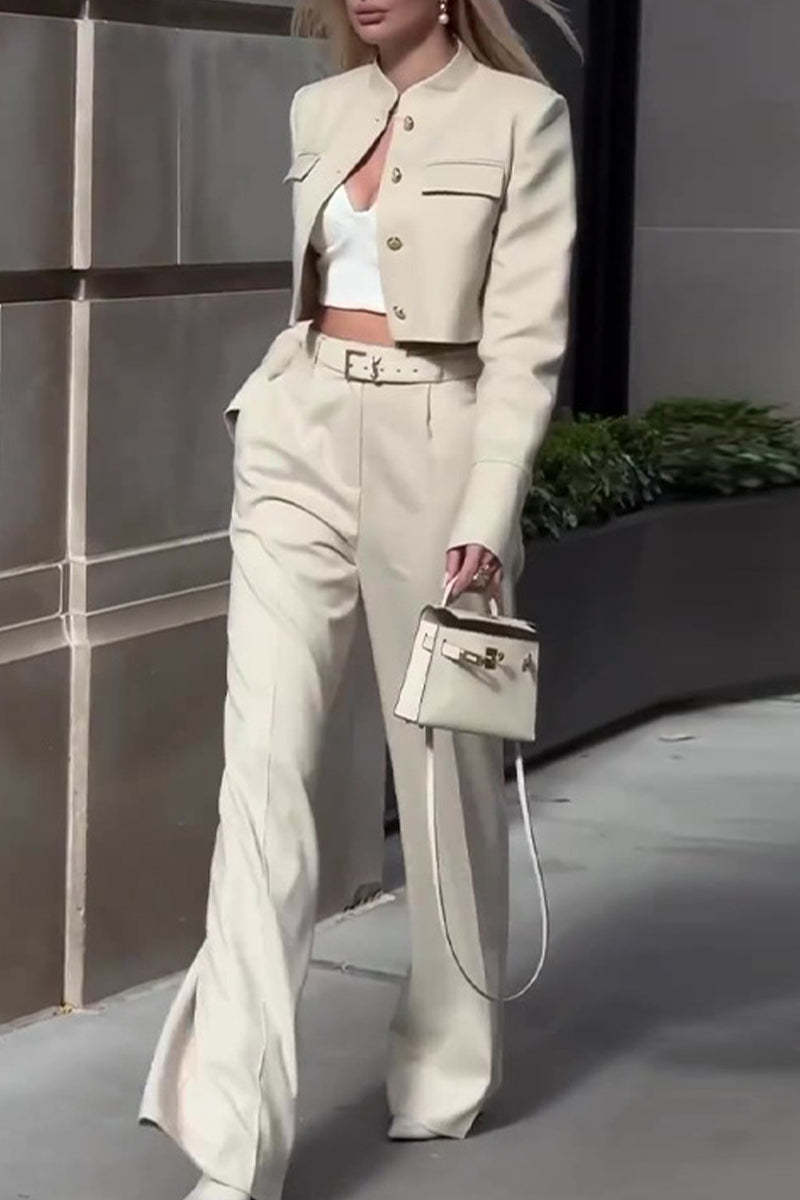 Casual Pocket Buttons O Neck Long Sleeve Two Pieces