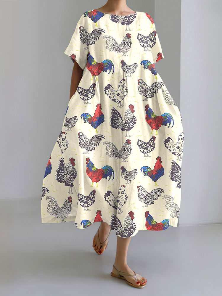 Retro Chicken Flower Art Linen Blend Maxi Dress