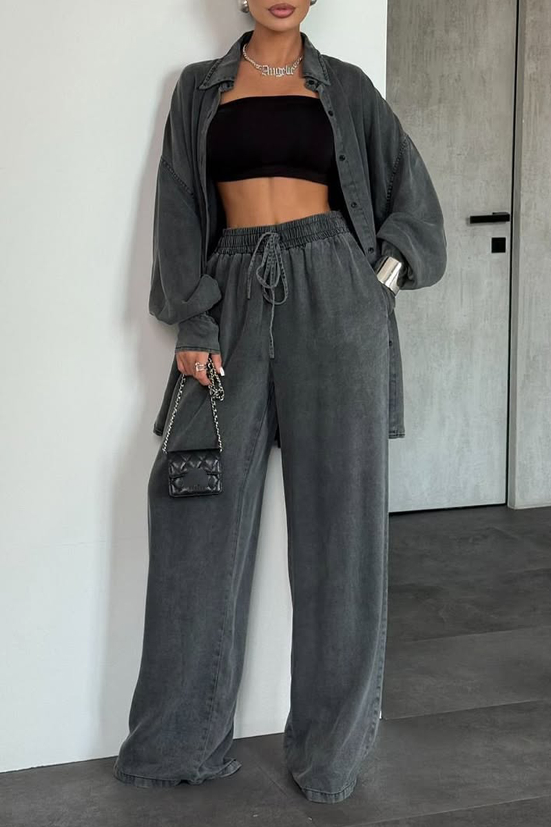 Women Lapel Buttoned Cardigan + Pants Solid Color Casual Suit