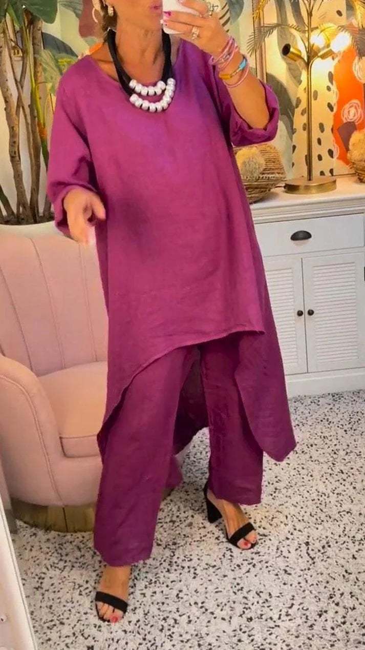 🔥Two-piece suit in cotton and linen, with a round neckline and long sleeves