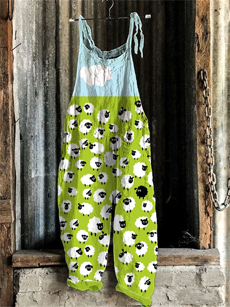 Women's Farm Sheep Print Linen Blend Casual Jumpsuit