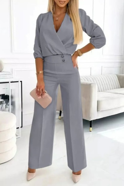 Women's solid color v-neck two-button 2-piece trouser suit