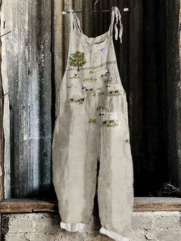 Vintage Farm Sheep Print Loose Casual Jumpsuit