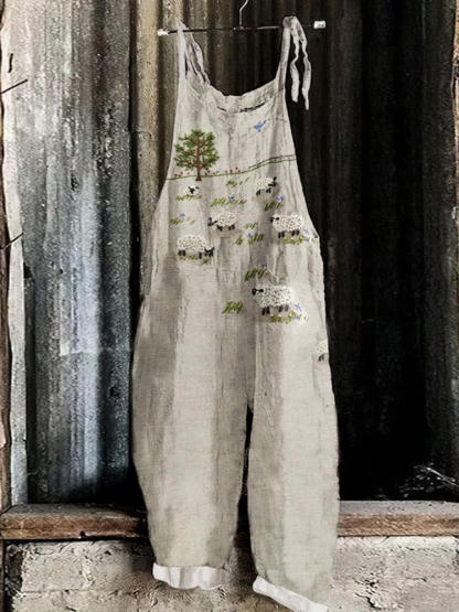 Vintage Farm Sheep Print Loose Casual Jumpsuit