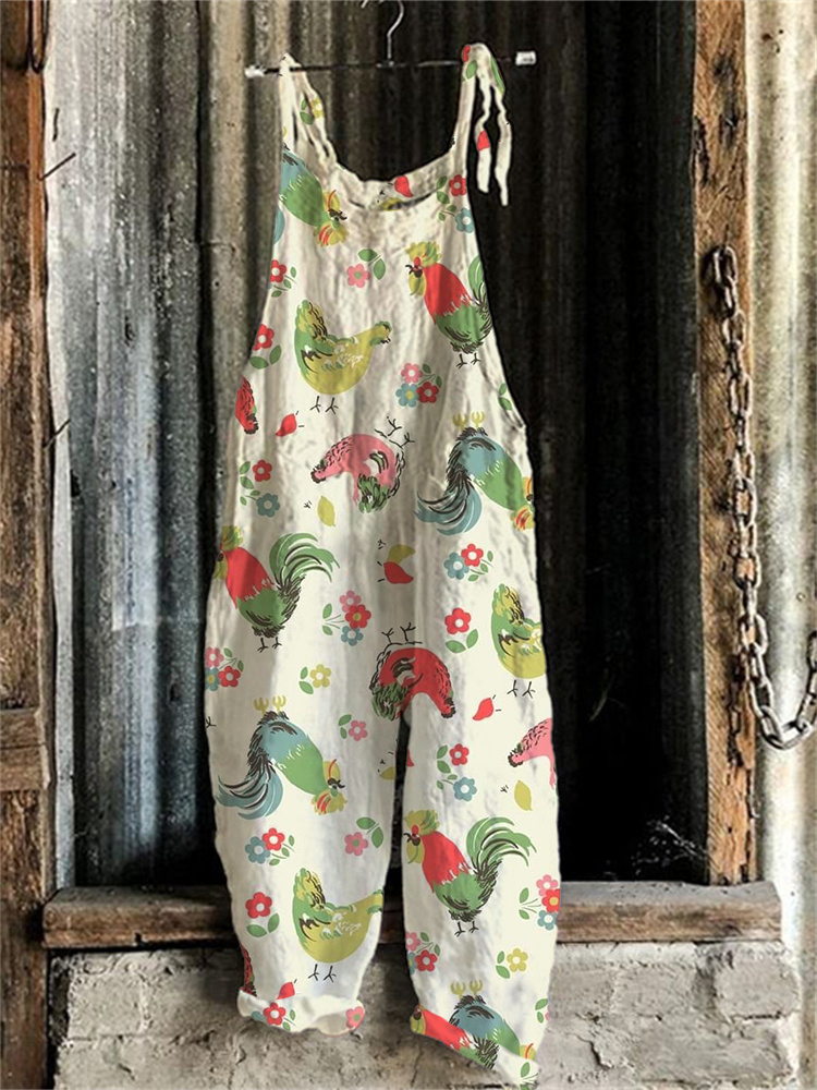 Colorful Chicken Floral Linen Blend Jumpsuit