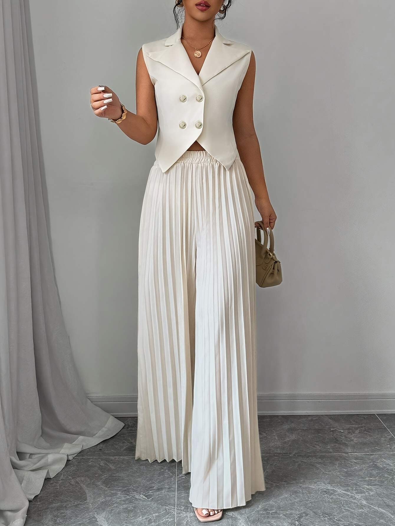 Elegant Solid Color Blazer & Pleated Wide-Leg Pants Set for Women - Machine Washable,