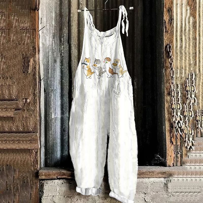 Vintage Cute Cats Art Linen Blend Loose Casual Jumpsuit