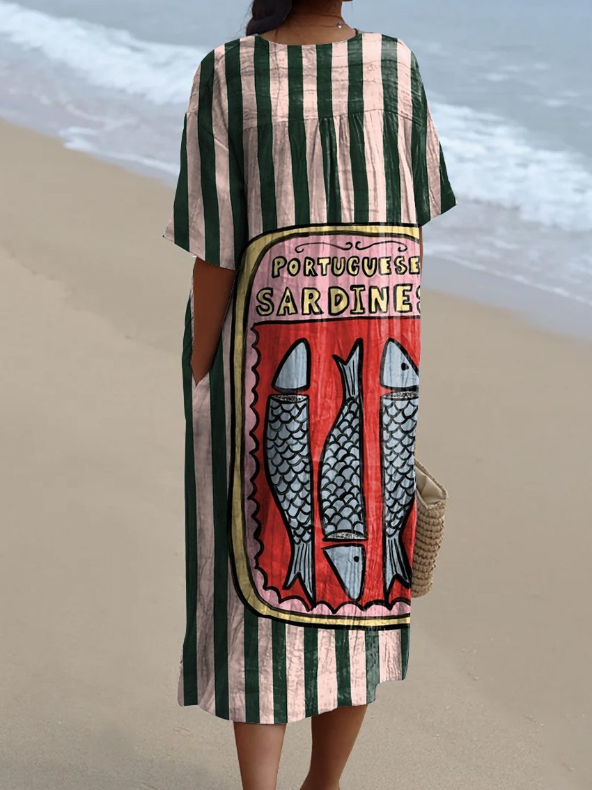 Women's Canned Pink-green Striped Sardines Watercolor Splash Fluid Art Print Flowy Dress