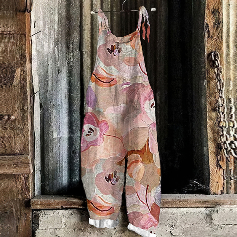 Vintage Abstract Floral Art Linen Blend Loose Casual Jumpsuit